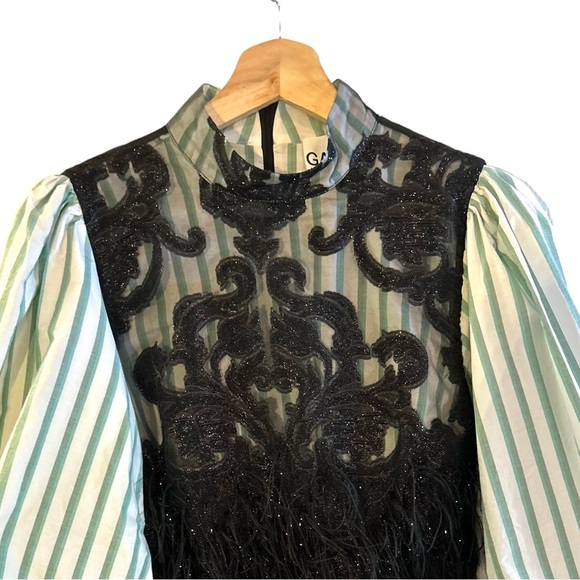 GANNI  Feathery Metallic Balloon Sleeve Minidress In Black,green,white in Sz L - Picture 4 of 7